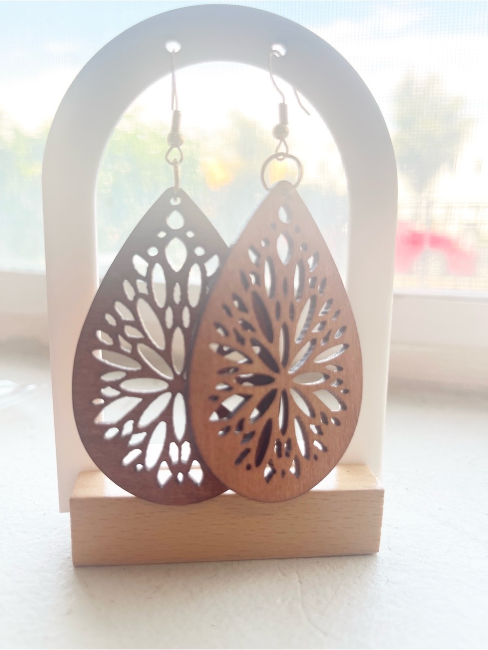 Wooden Teardrop Cutout Earrings - Natural Brown